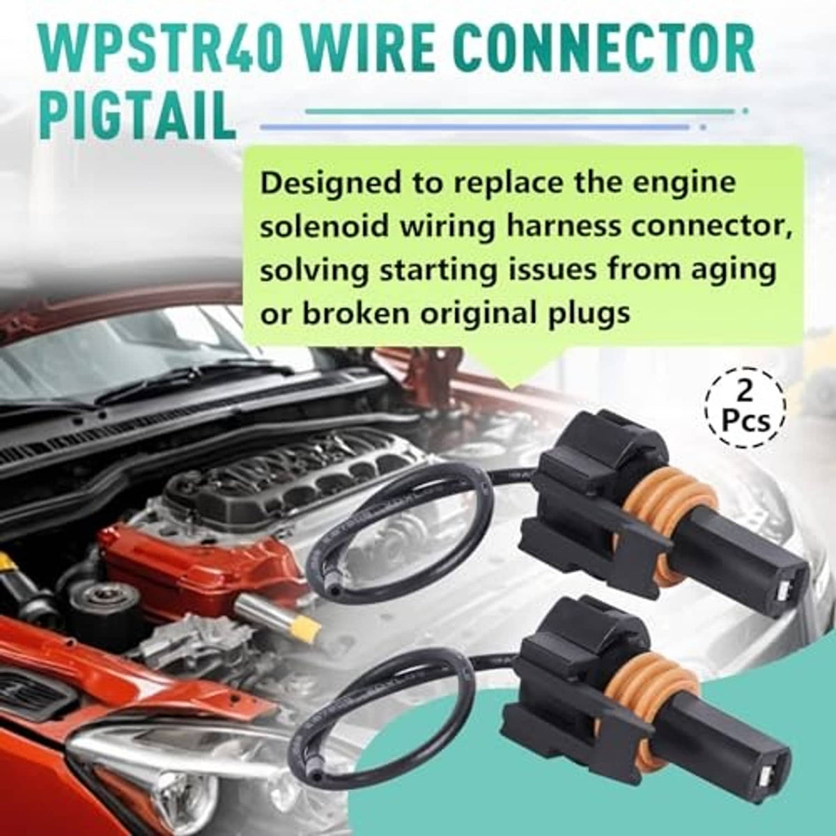 Wire connector pigtail pair with black housings and orange coil for solenoid wiring