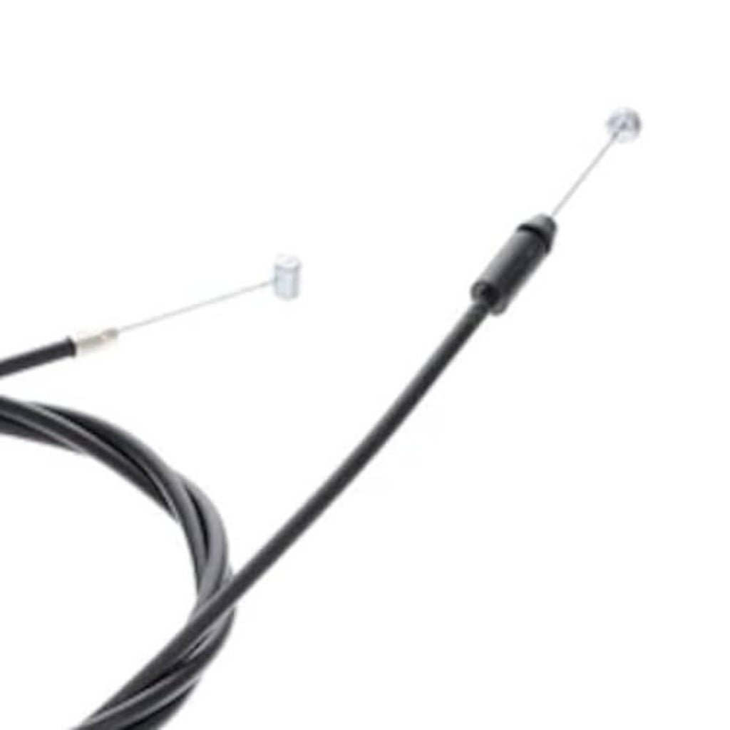 Black hood release cable close-up showing metal pull rod ends and cable junction clips.