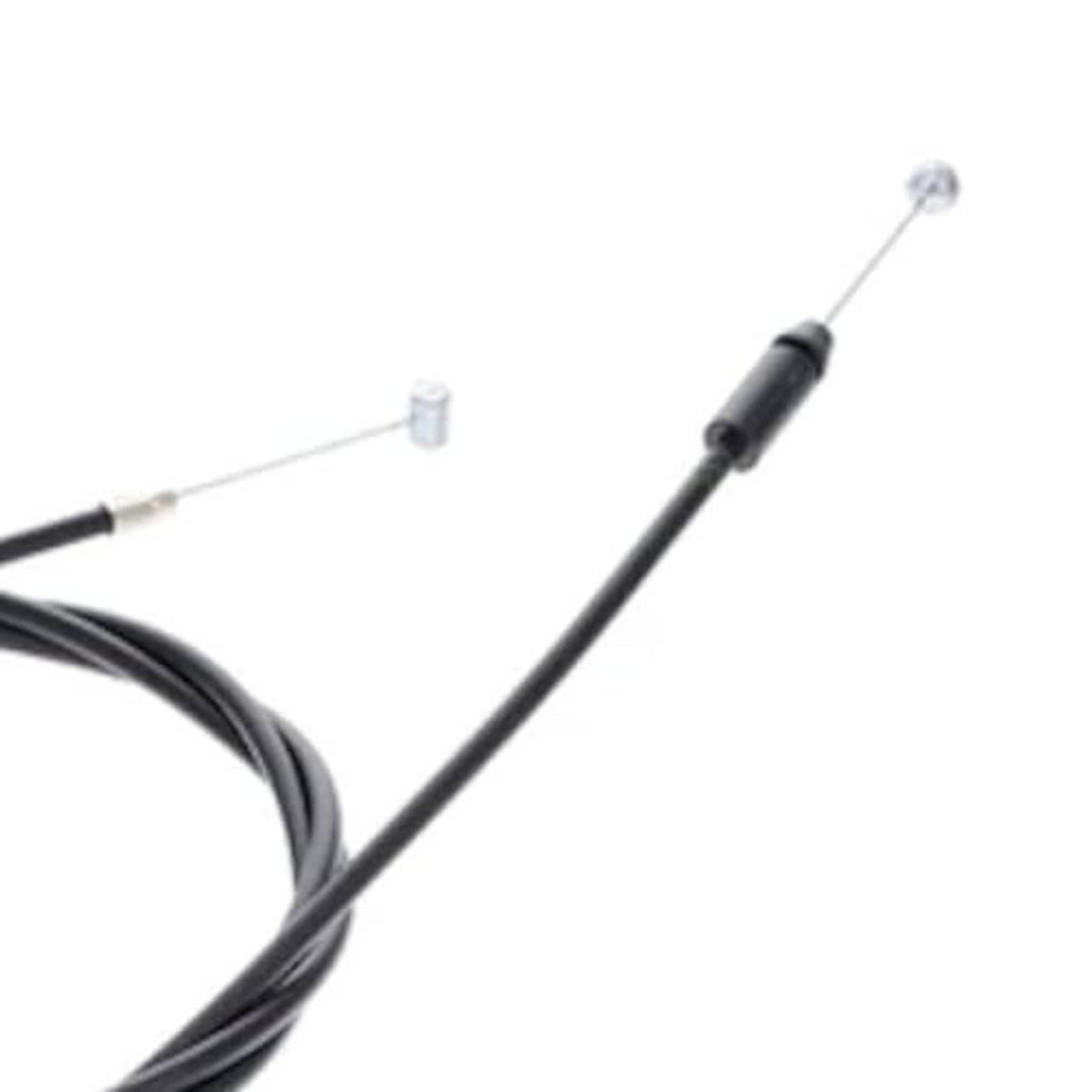 Black hood release cable close-up showing metal pull rod ends and cable junction clips.