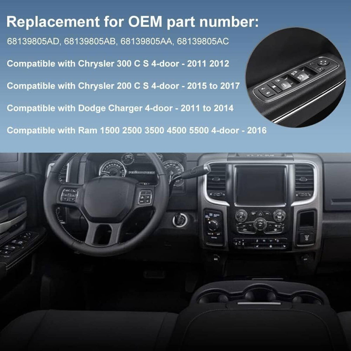 Black window switch icon on dashboard interior with centered control area