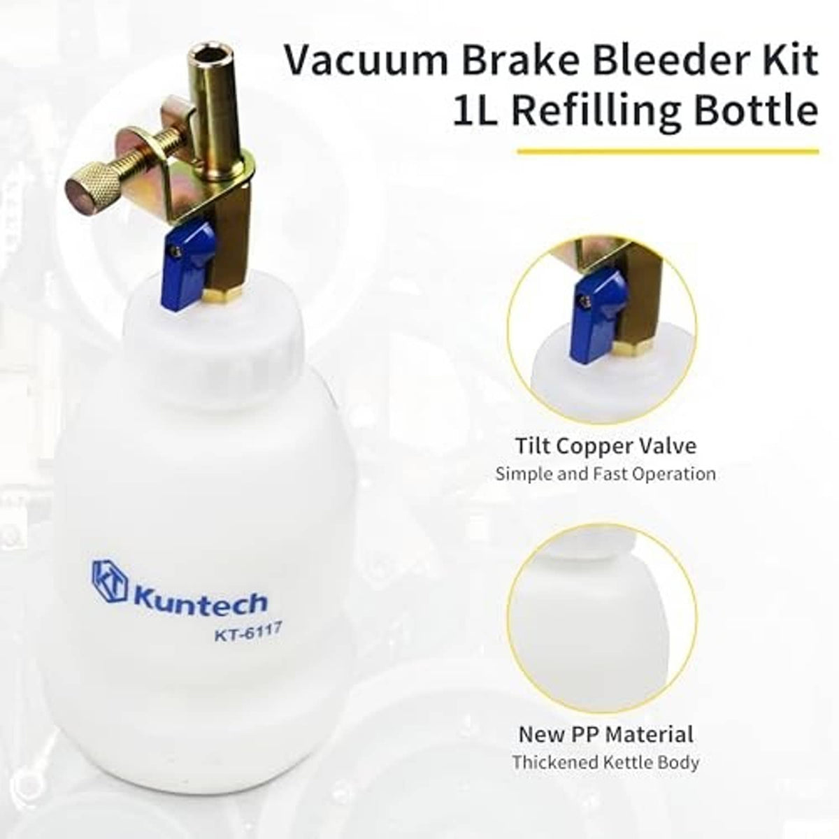 Vacuum brake bleeder refilling bottle kit: white bottle with brass valve assembly and blue clamp