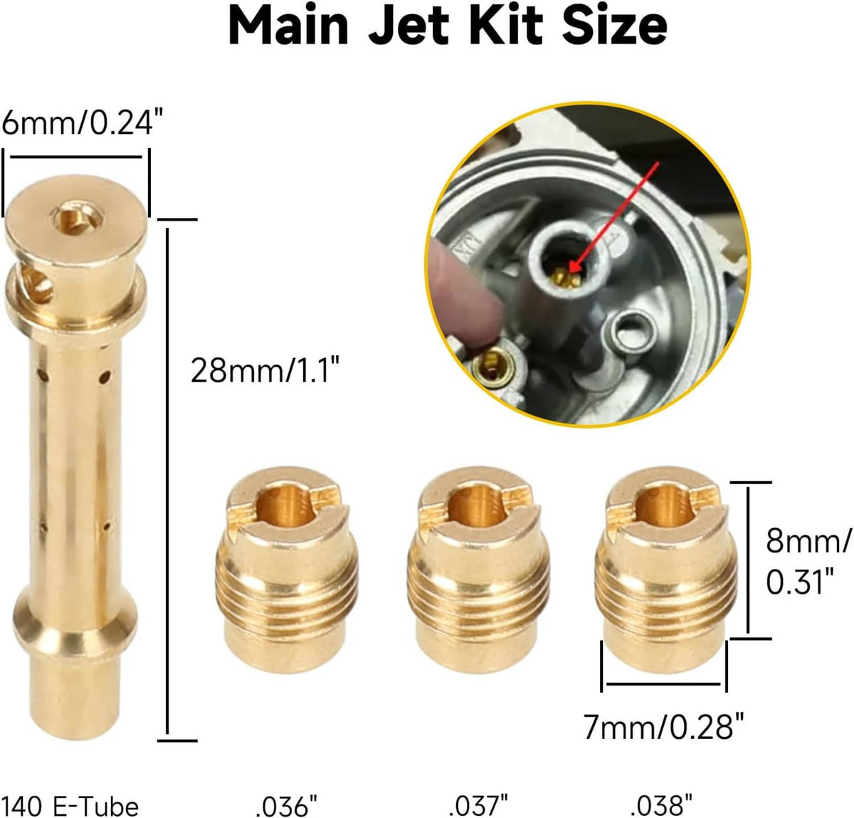 Brass jet kit components with brass nozzles and tapered measurements for carburetor use