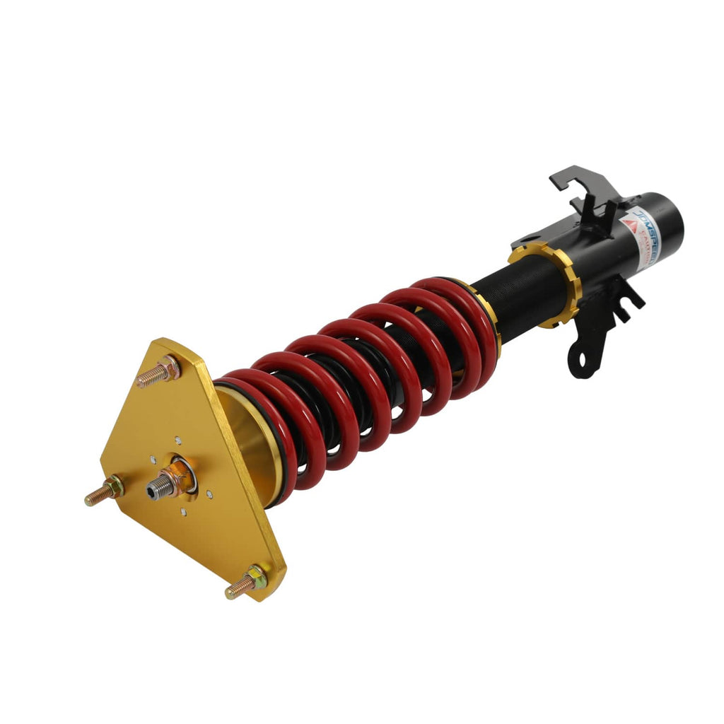 Coilover suspension lowering kit with red coil springs and gold adjustment rings