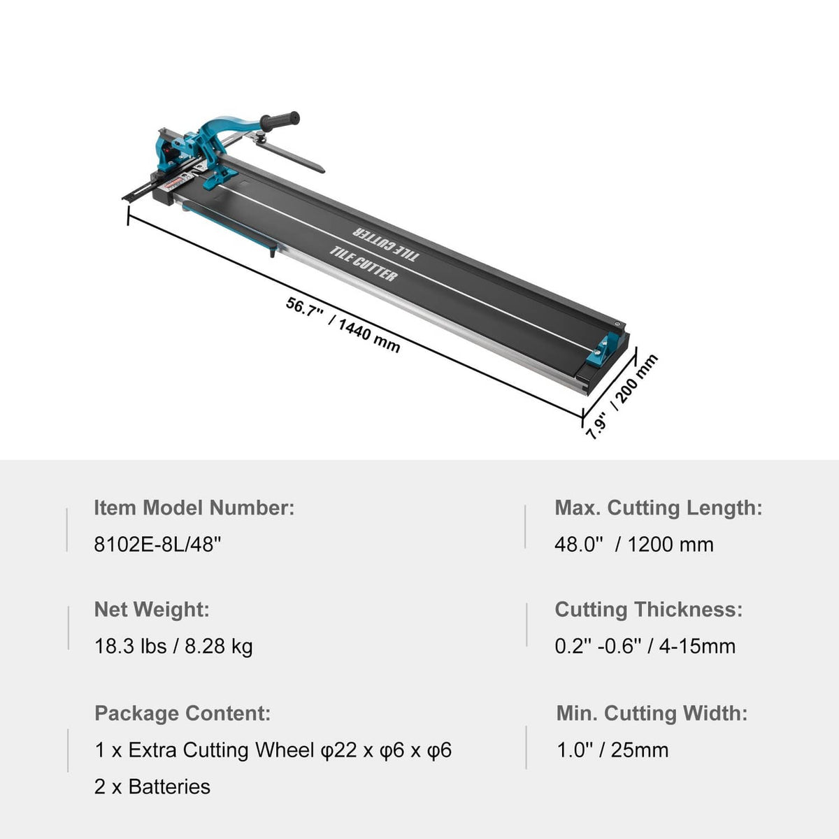 48-inch manual tile cutter frame, teal handle and rails, side view with specs