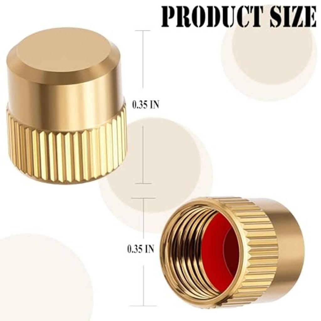 Gold valve stem cap and open cap with red inner seal, product size view.