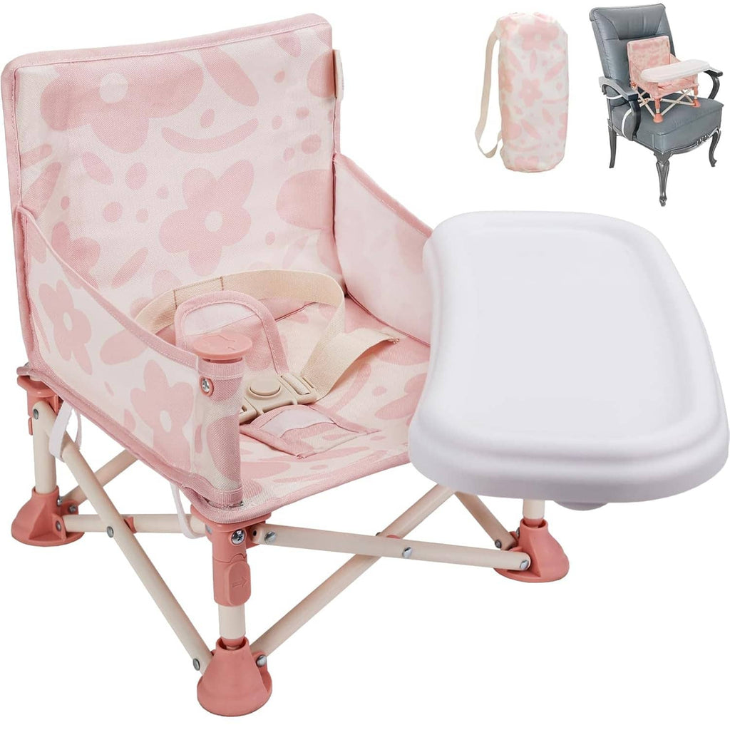 Pink patterned folding booster seat with white tray and leg supports