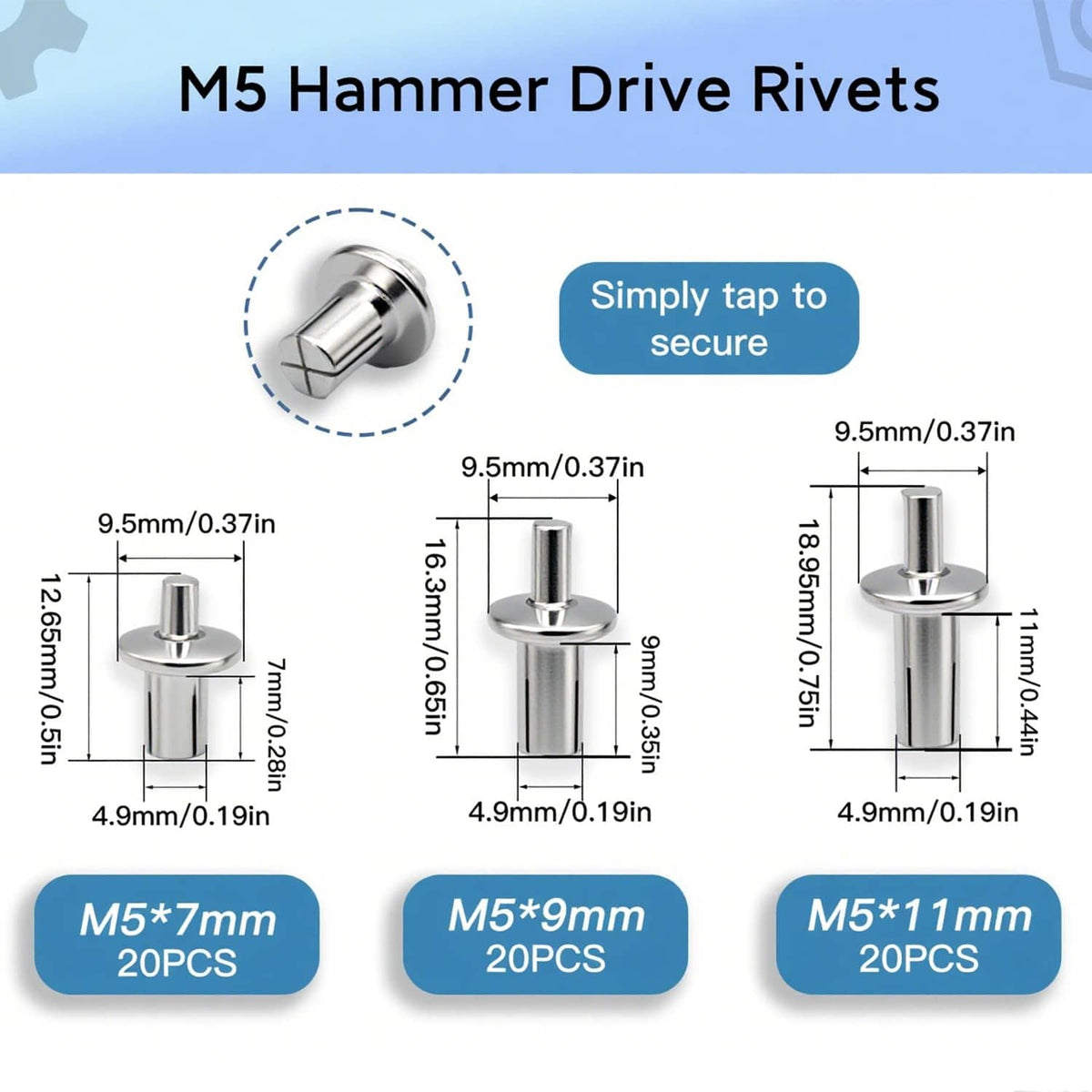 Aluminum hammer drive rivets with round heads, shown with labeled size variations
