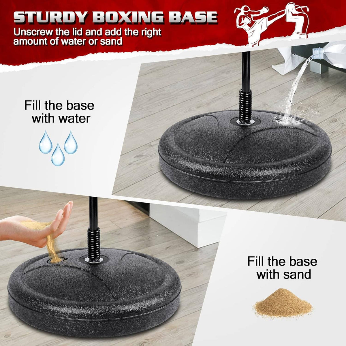 Kids punching bag base with fillable weighted stand and upright spring pole
