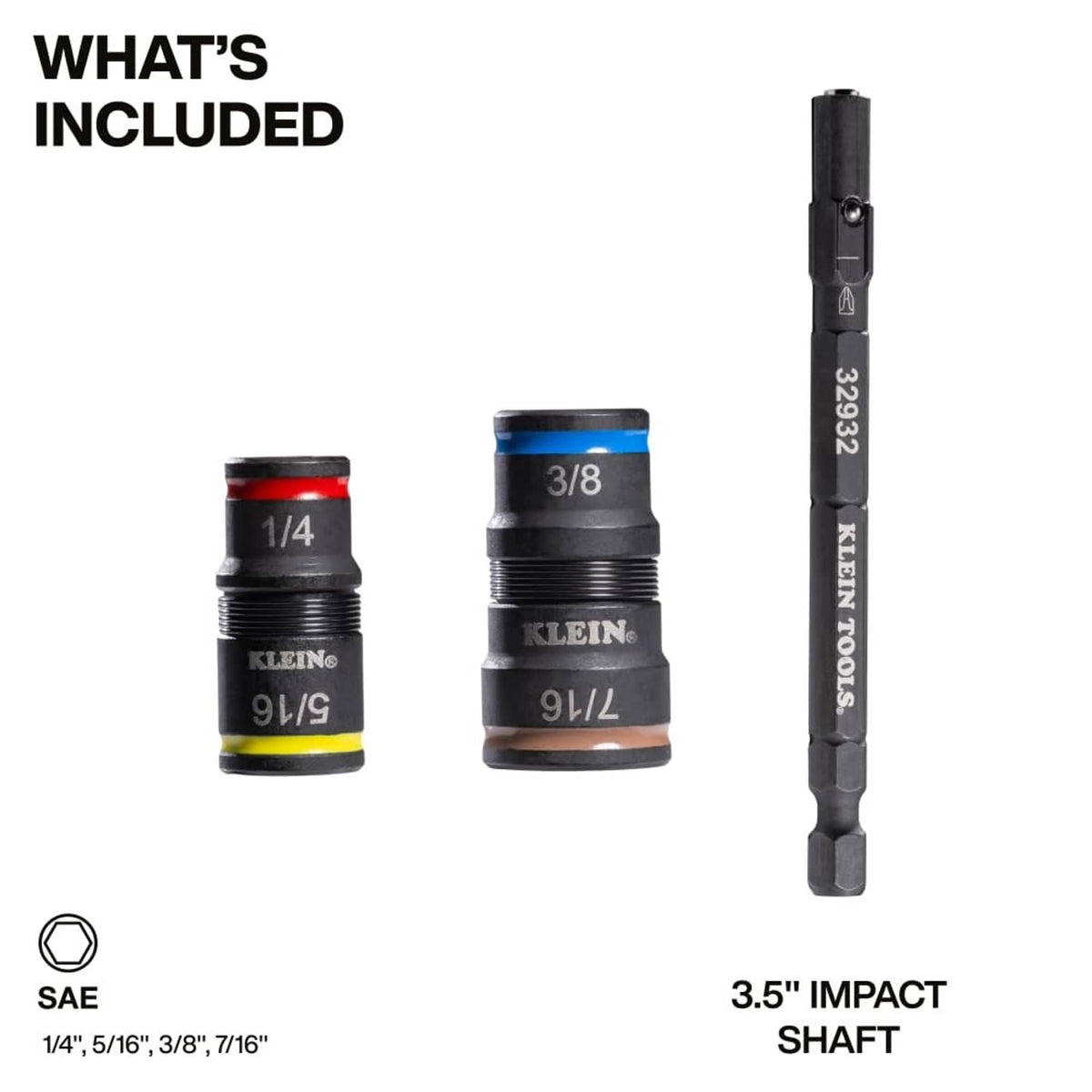 Klein Tools SAE impact socket set showing 1/4 and 3/8 flip sockets and 3.5-inch shaft