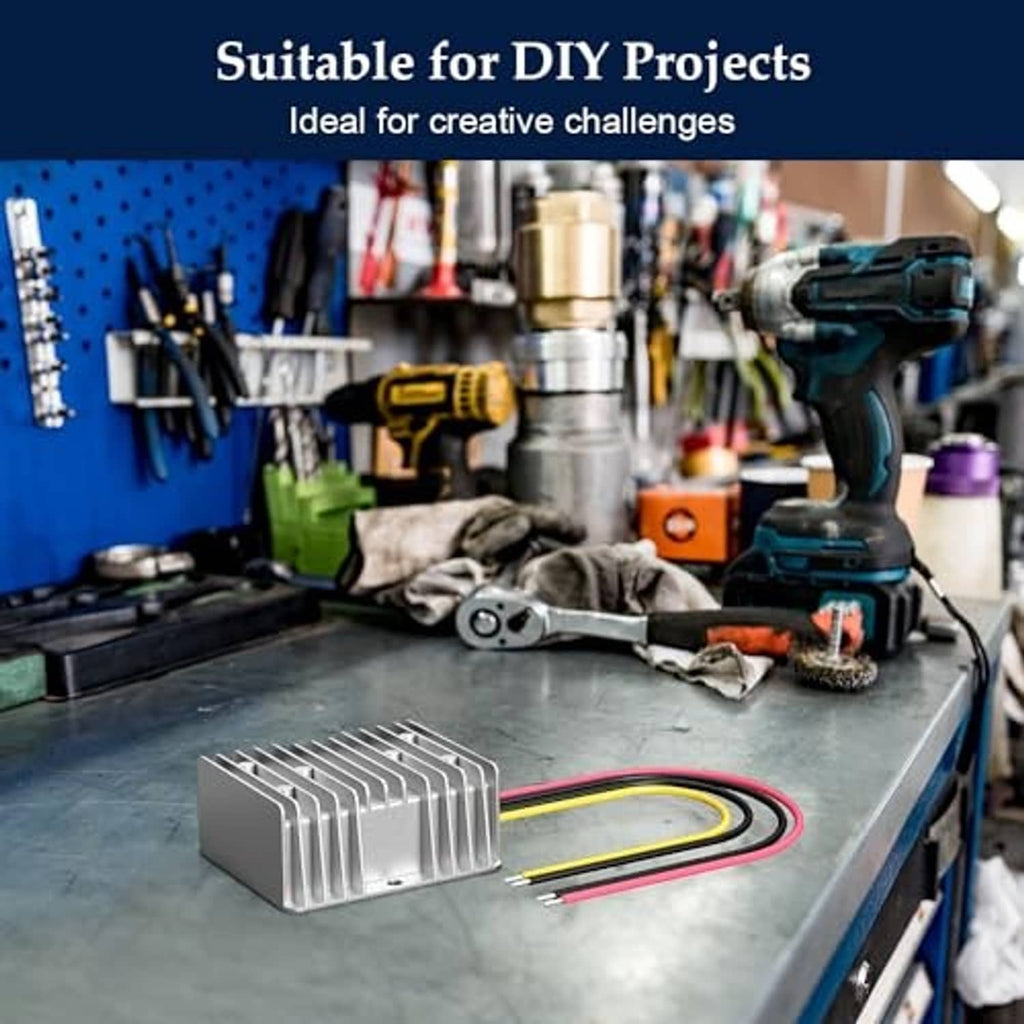 24V DC voltage regulator module with silver heat sink fins and multicolor wire leads