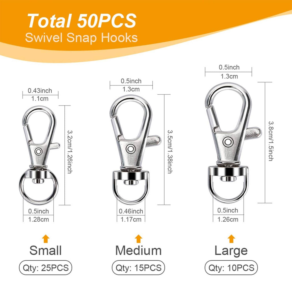 Swivel snap hooks size chart with small, medium, and large hook dimensions