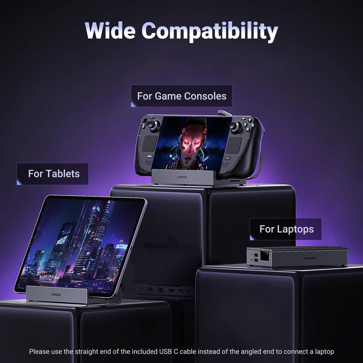 Grey Steam Deck docking station with foldable stand positioned between devices