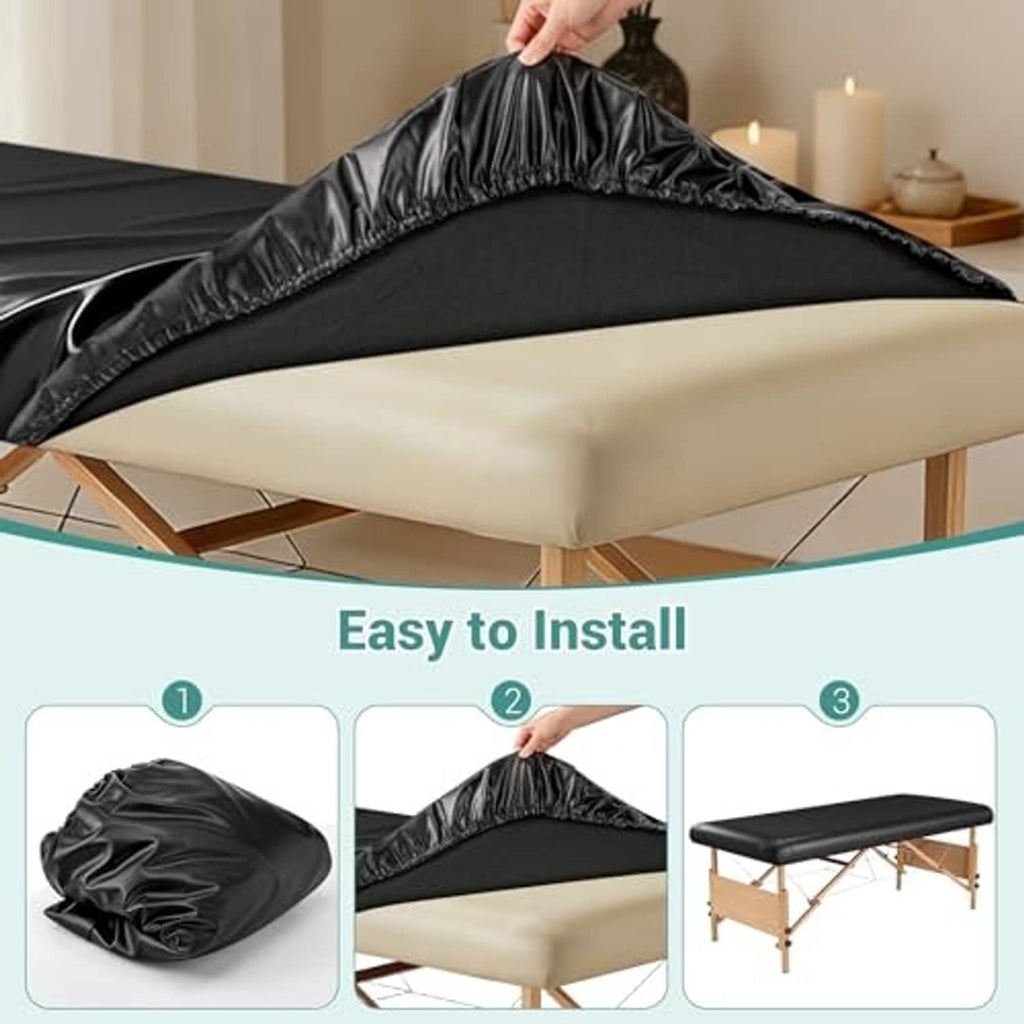 Black massage table cover protector being pulled over a massage bed for installation