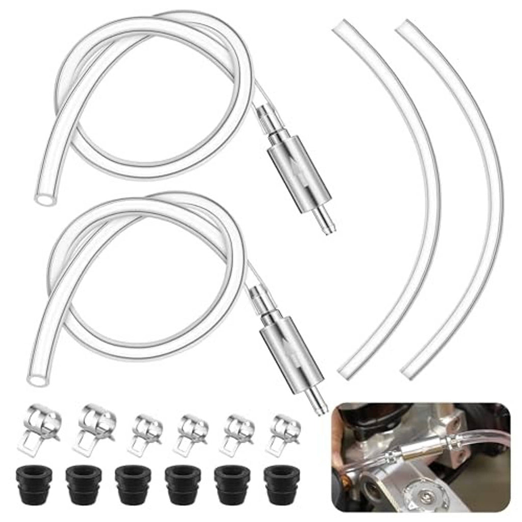 Brake bleeder hose kit with two clear hoses, metal nozzles, rubber caps, and clamps
