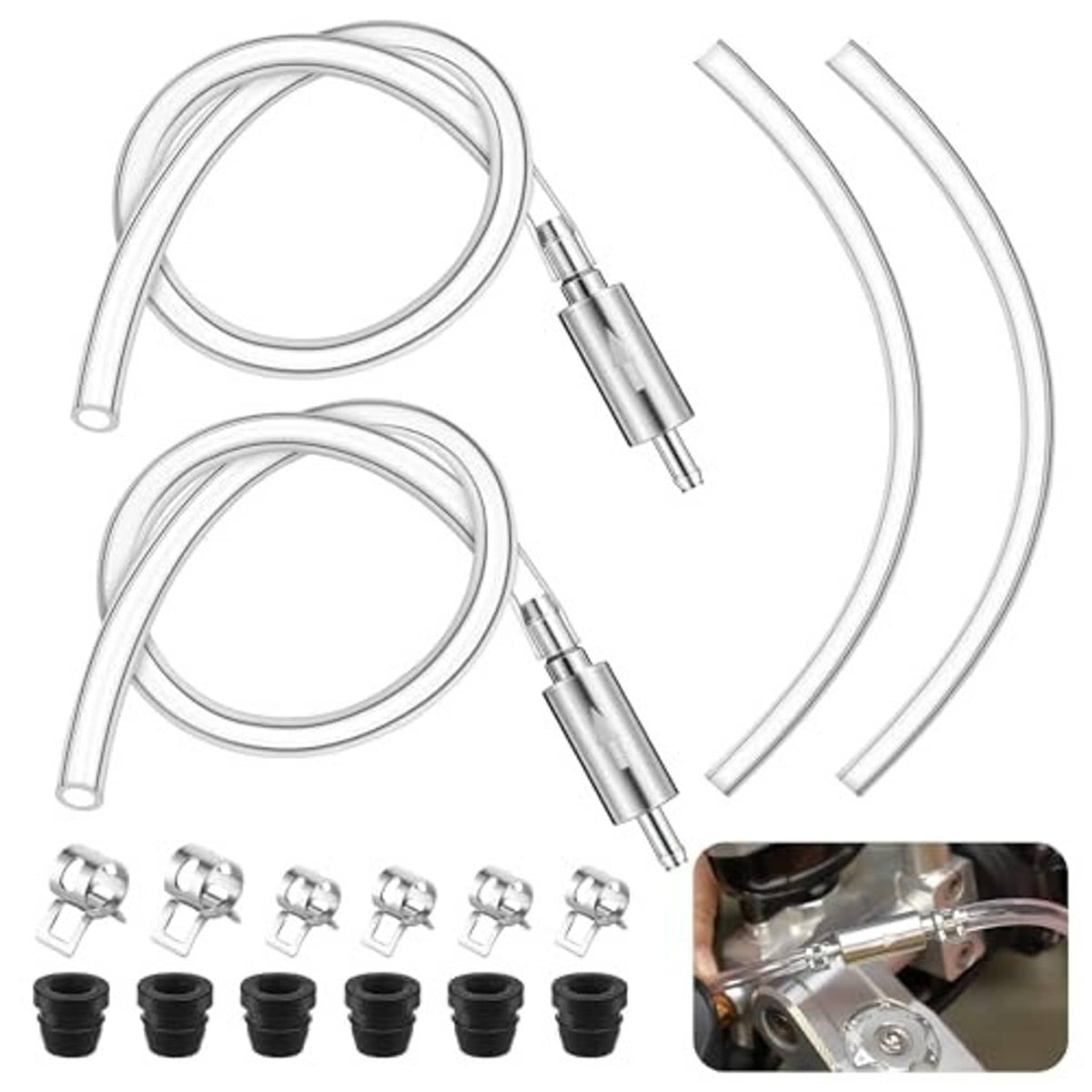 Brake bleeder hose kit with two clear hoses, metal nozzles, rubber caps, and clamps