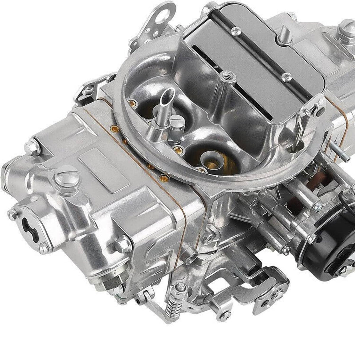 Four-barrel carburetor with electric choke, angled view of intake opening and linkage