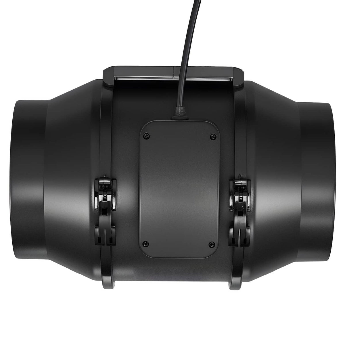 Inline ventilation fan, black inline duct fan front view with mounting clips and cable