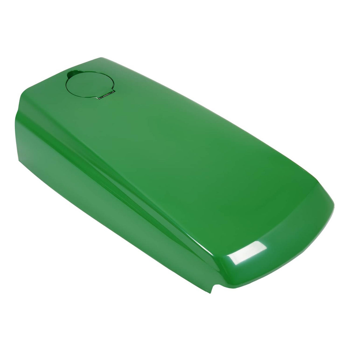 Green tractor upper hood top view with fuel door cutout and side seam line