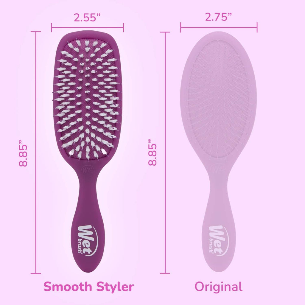 Purple oval paddle hair brush with white bristles and ergonomic handle, side profile view.