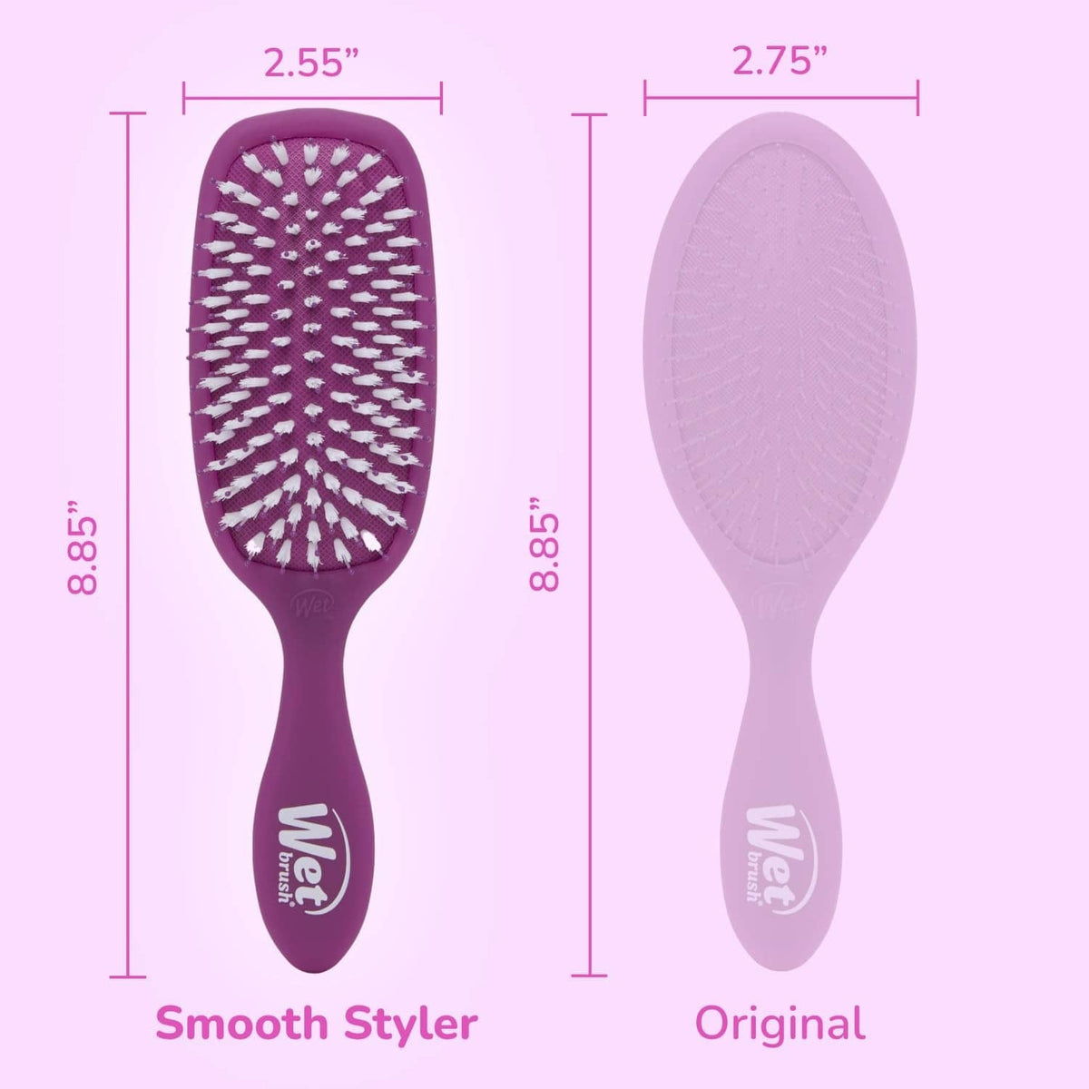 Purple oval paddle hair brush with white bristles and ergonomic handle, side profile view.