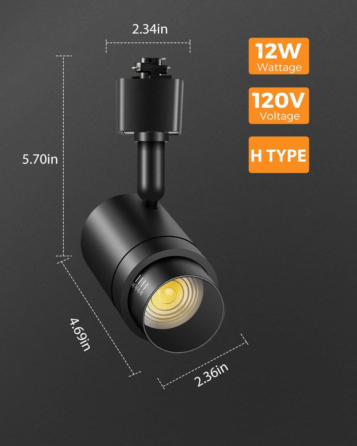 Black track light head with dimension markers and mounting yoke for track installation