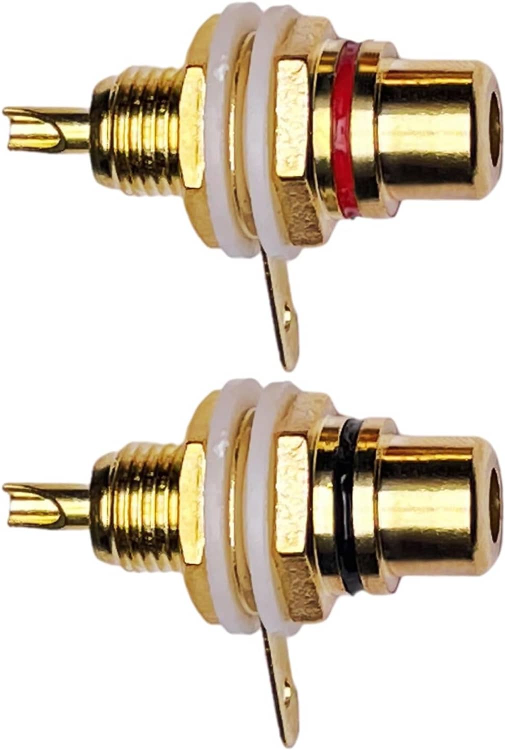 Gold-plated audio jack with red and black bands, panel-mount chassis socket, two-piece set.