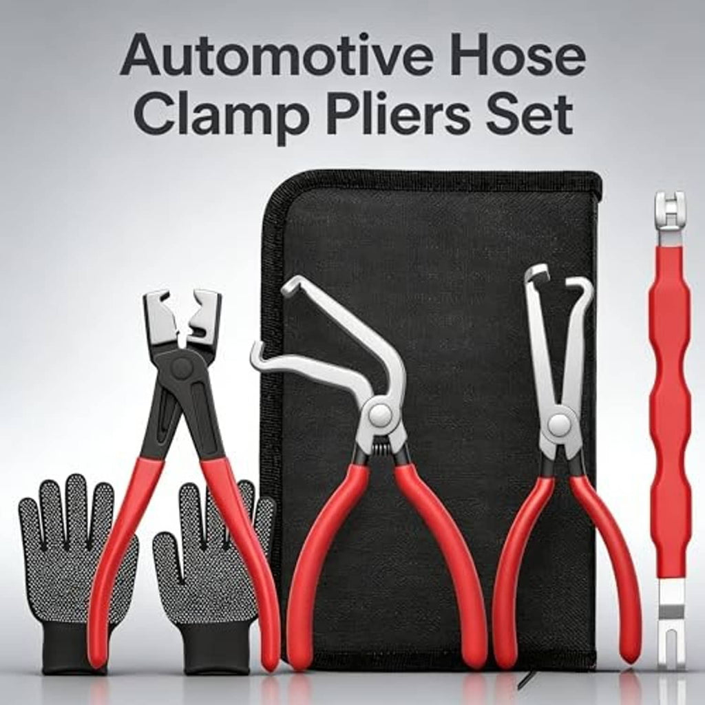 Automotive hose clamp pliers set with red handles, covered gloves, and black zip case