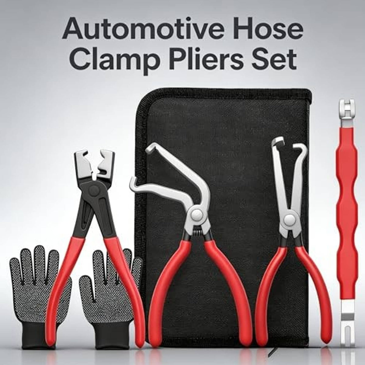 Automotive hose clamp pliers set with red handles, covered gloves, and black zip case