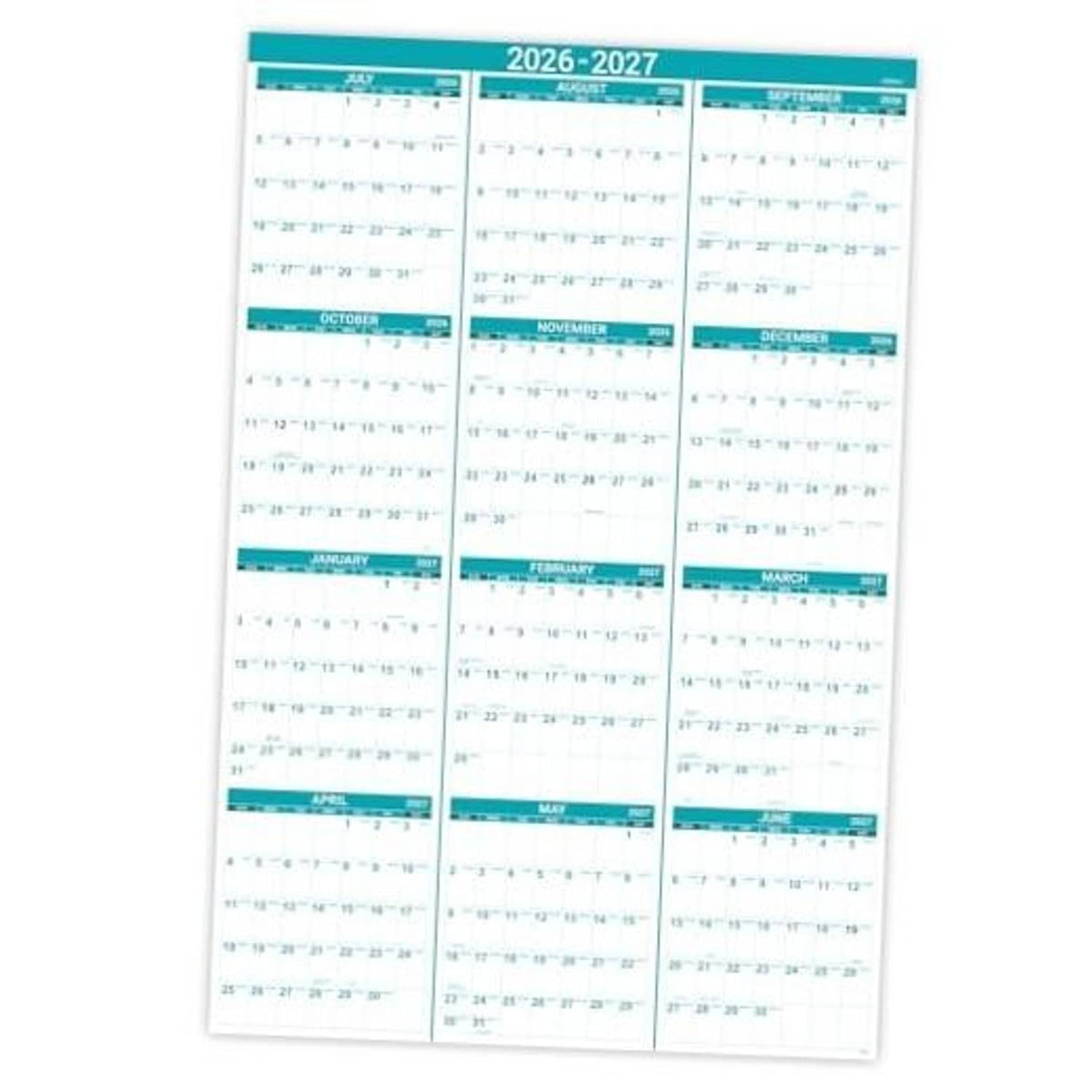 2026-2027 yearly wall calendar page with teal month headers and highlighted dates