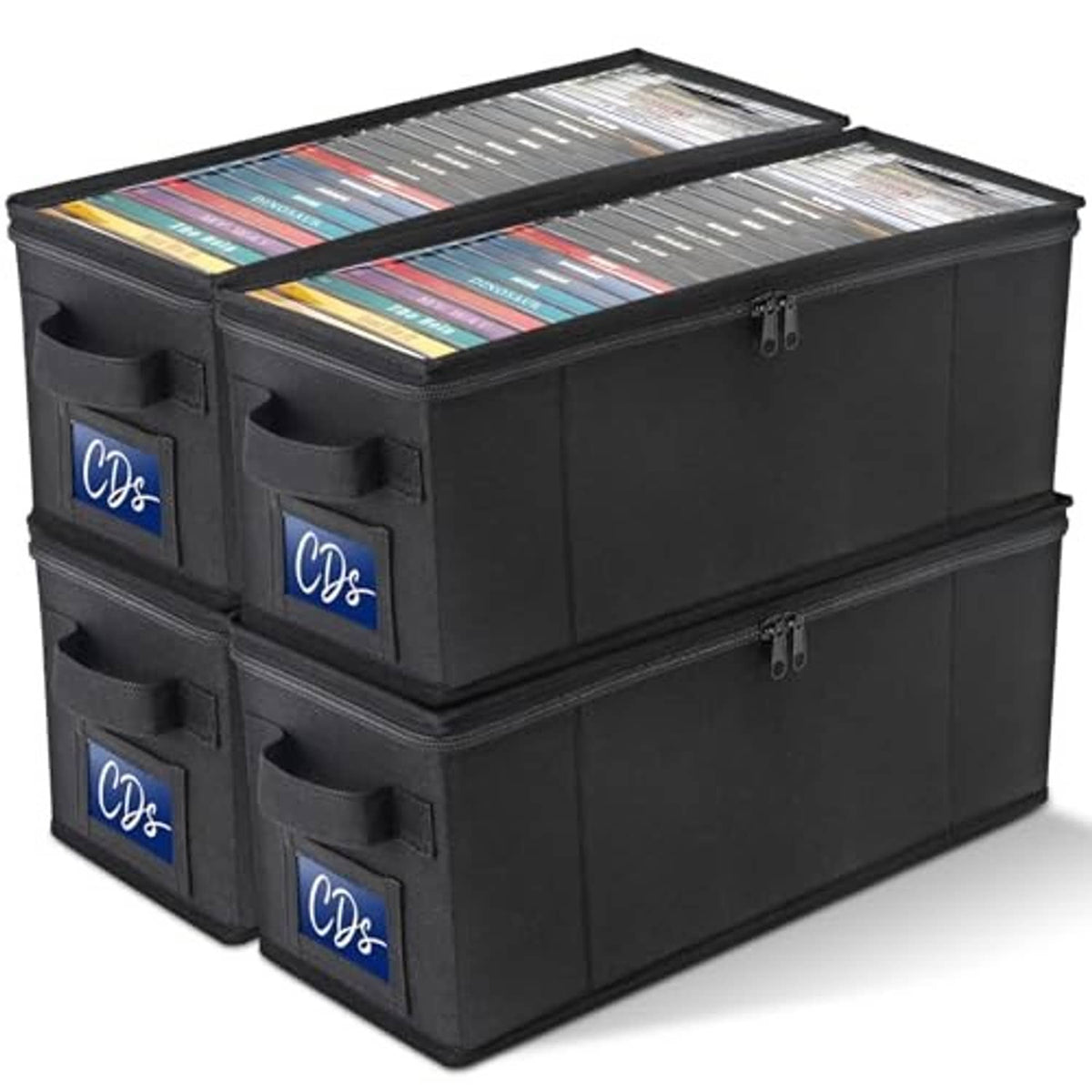 Black media storage box with clear top window, zipper closure, and front side storage pockets