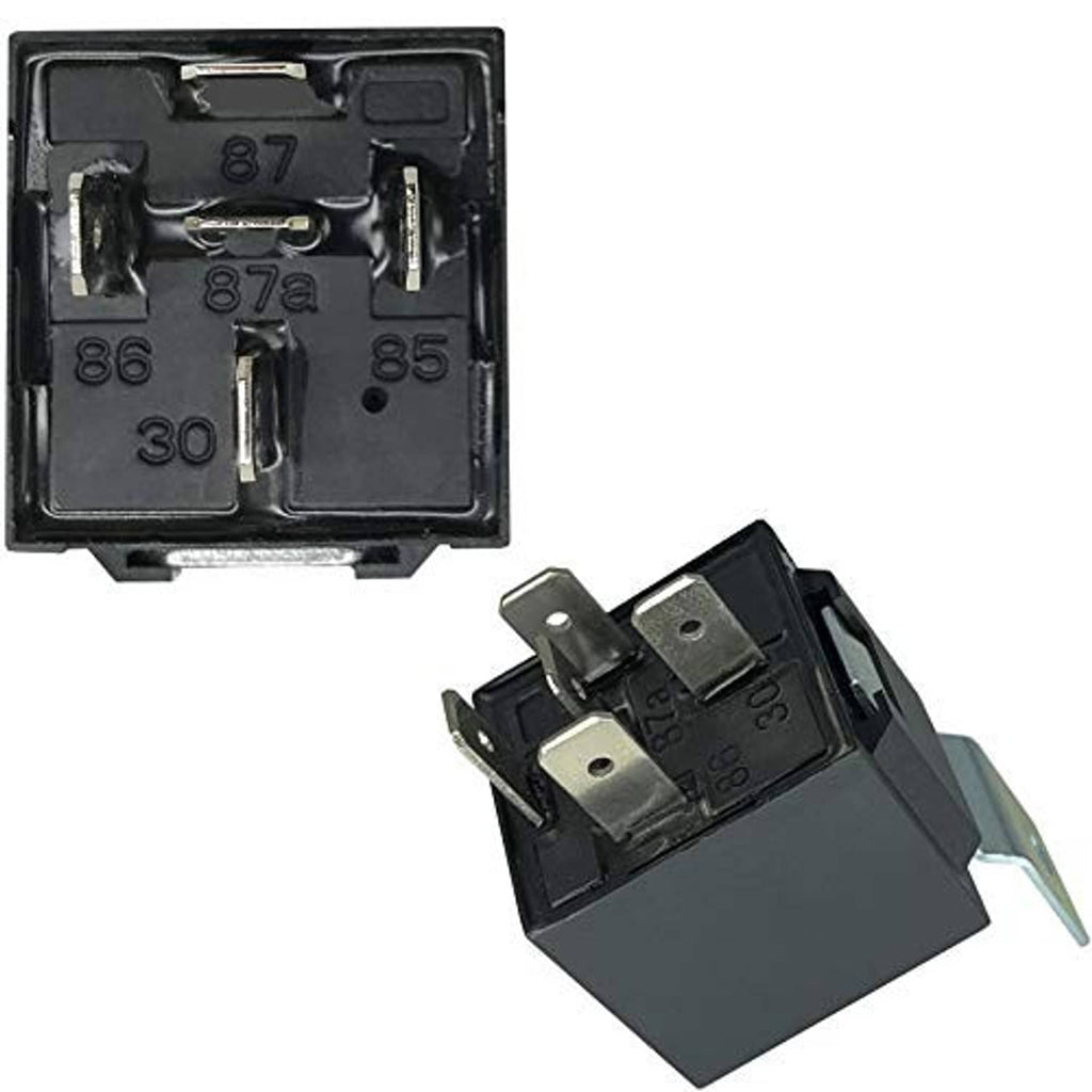 Automotive relay with metal tabs and black plastic base, showing exposed electrical terminals