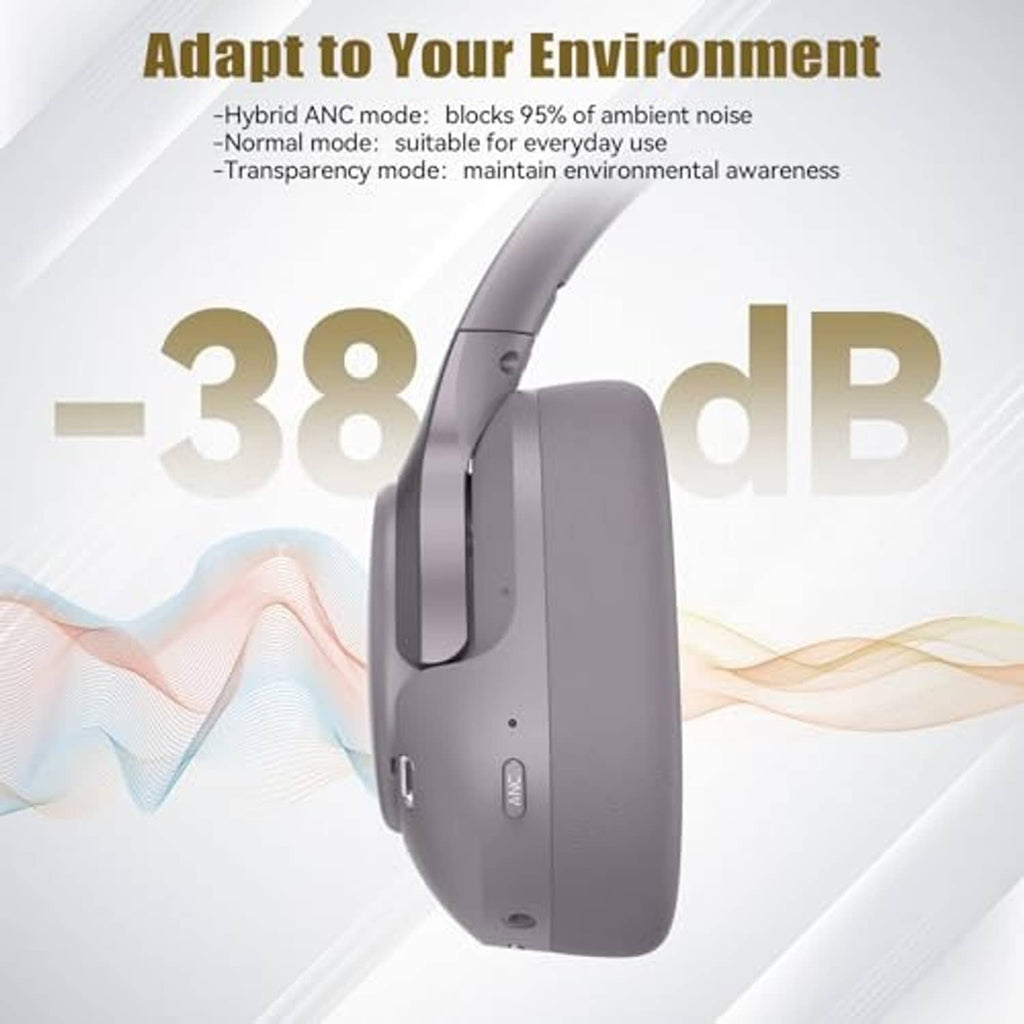 Gray over-ear headphones upright with padded headband and side control buttons