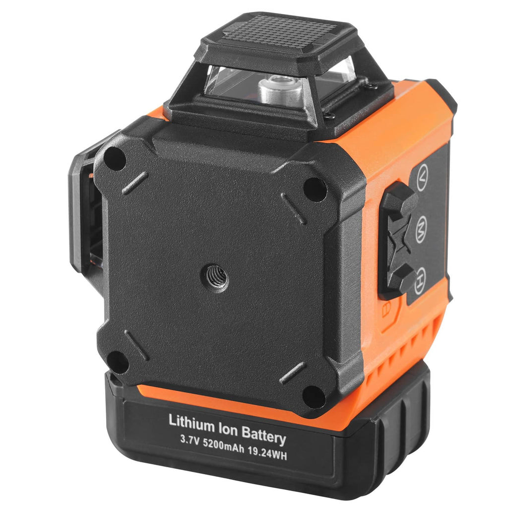 Self-leveling laser level, black and orange housing with top control panel