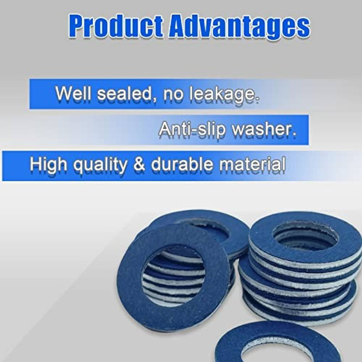 Two blue oil drain plug crush washers with stacked grooves and center holes