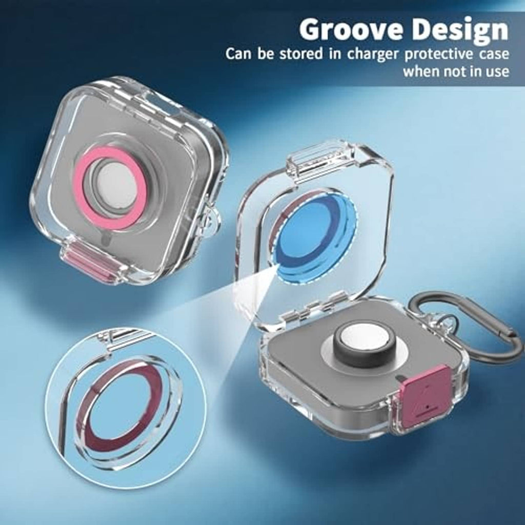 Transparent charging case with gray base and pink latch, plus side view angles
