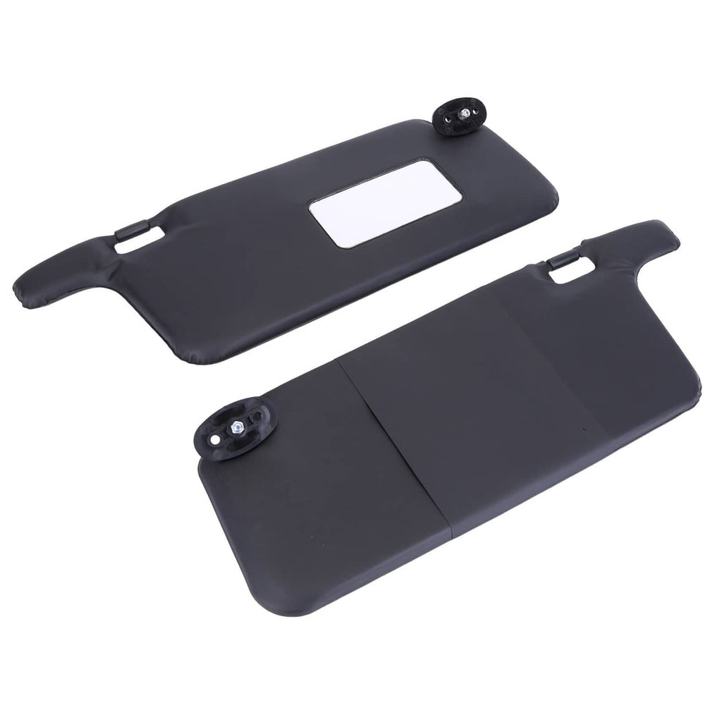 Black car sun visor pair laid out side-by-side with rectangular cutouts