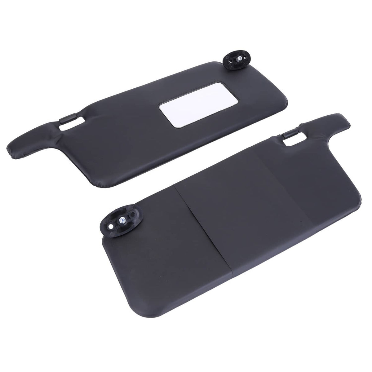Black car sun visor pair laid out side-by-side with rectangular cutouts