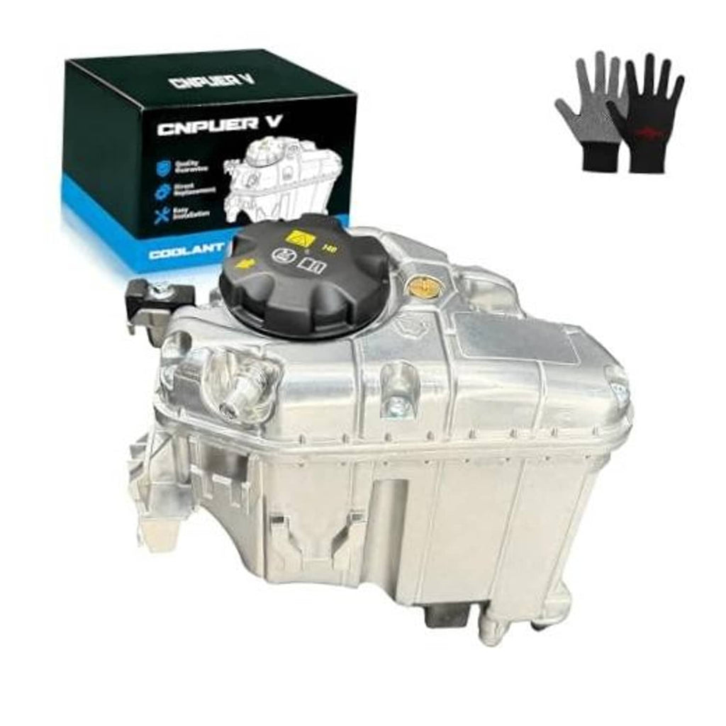 Aluminum coolant expansion tank with black cap, silver housing and mounting tabs