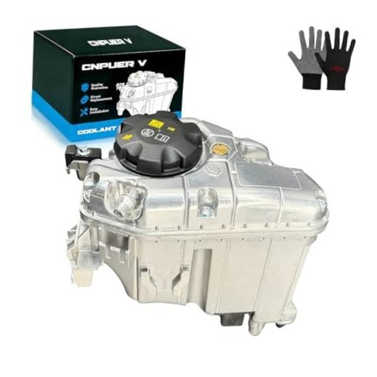 Aluminum coolant expansion tank with black cap, silver housing and mounting tabs