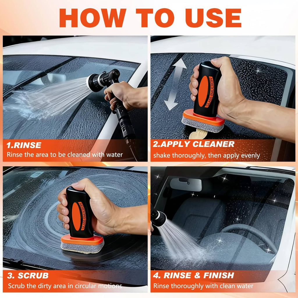 Car glass oil film remover tool with orange-and-black handle applying cleaner