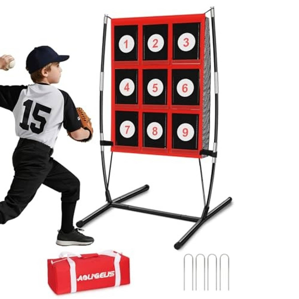 Baseball pitching target net showing 1–9 numbered pockets on a red grid front.