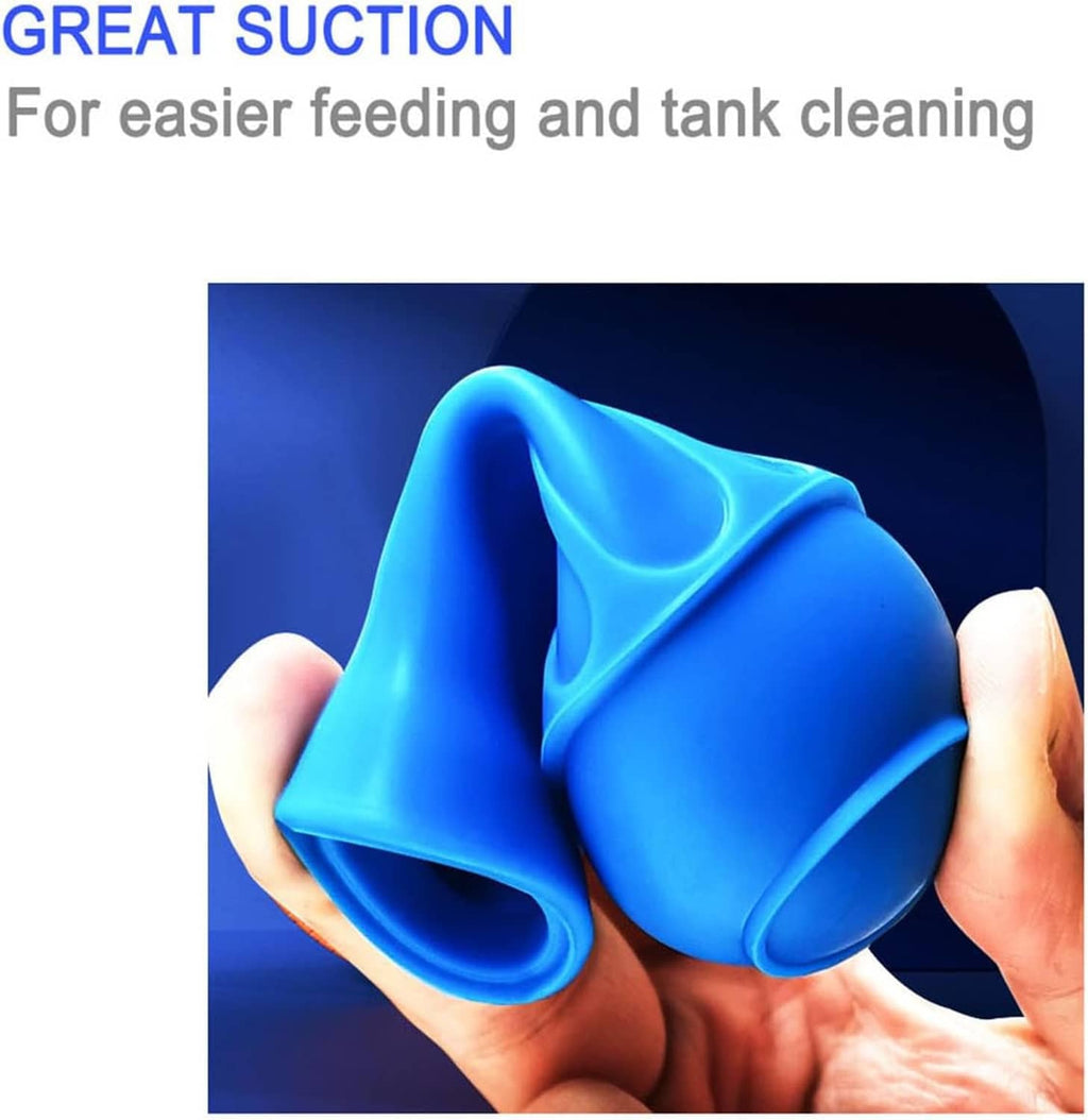 Blue aquarium siphon and feeding tube with soft funnel end, held in hands
