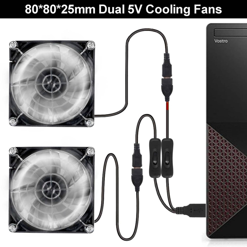 Dual 80mm cooling fans with USB cable splitter and two inline power switches