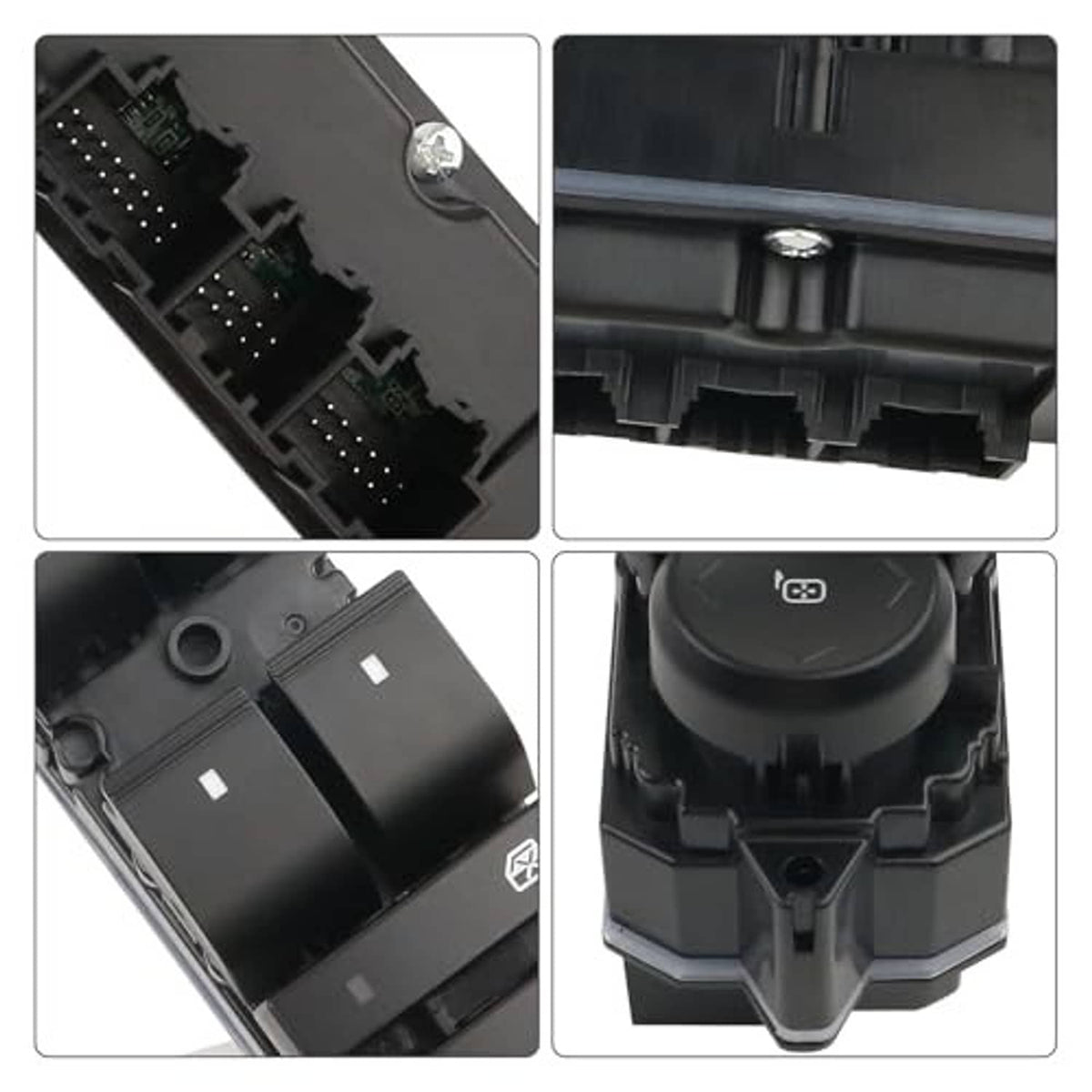 Power switch module close-up details: connectors, housing, and button top, black