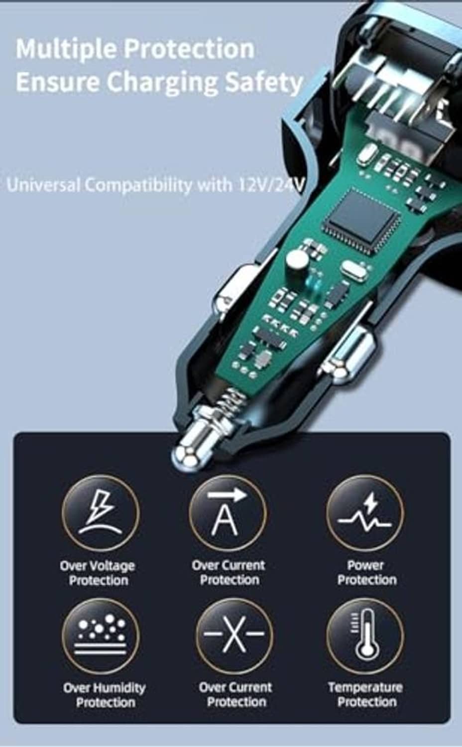 Car charger plug with internal circuitry detail and multiple safety protection icons