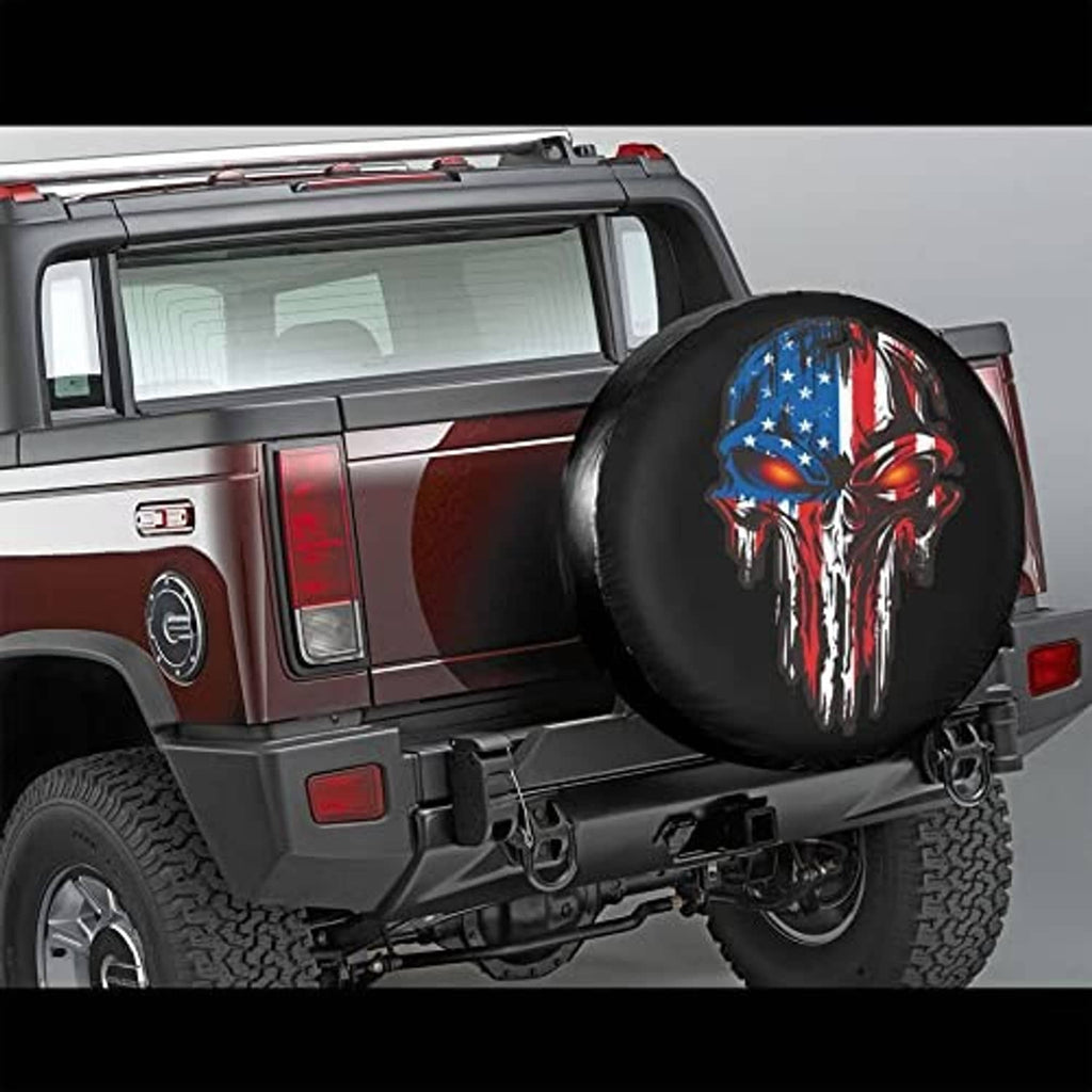 Patriotic black spare tire cover with American flag skull on vehicle rear