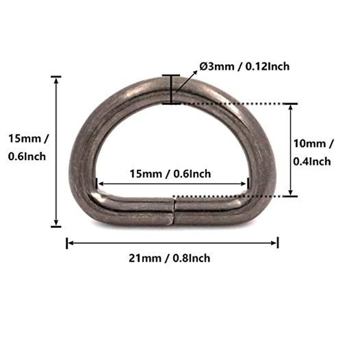 Metal D-ring buckle, 5/8-inch, non-welded, with size measurements shown