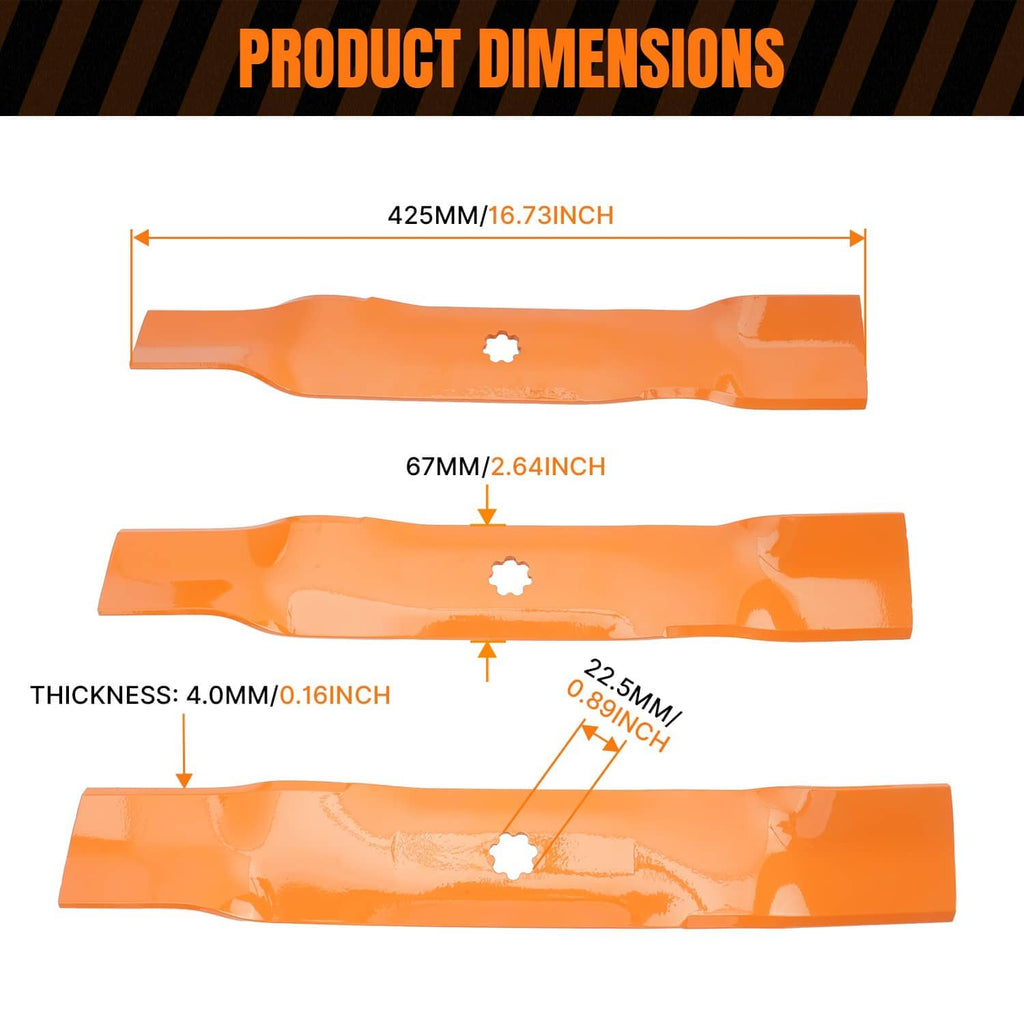 Orange mower deck blades shown with length and thickness measurements