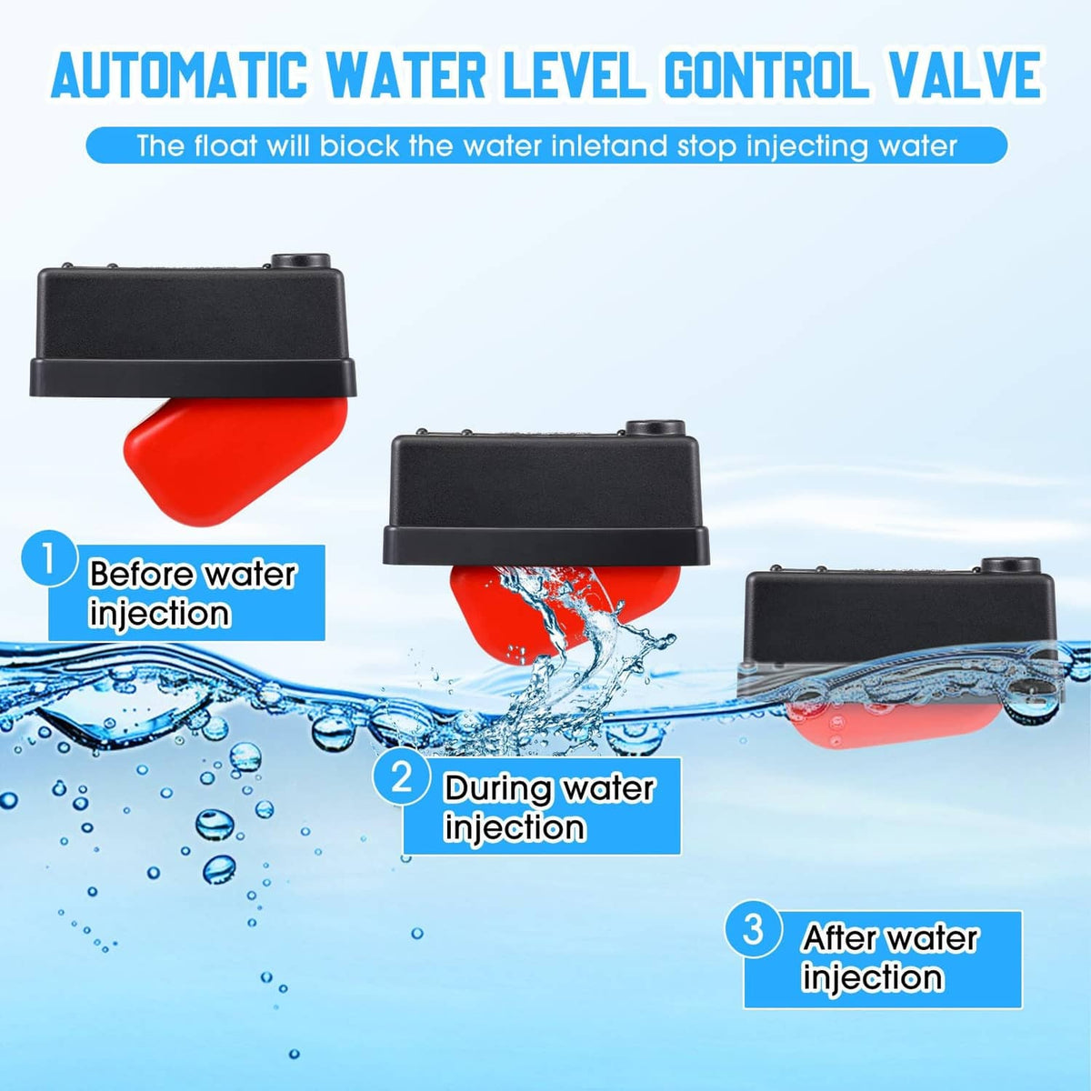 Black automatic water level control float valve with orange float and inlet connection