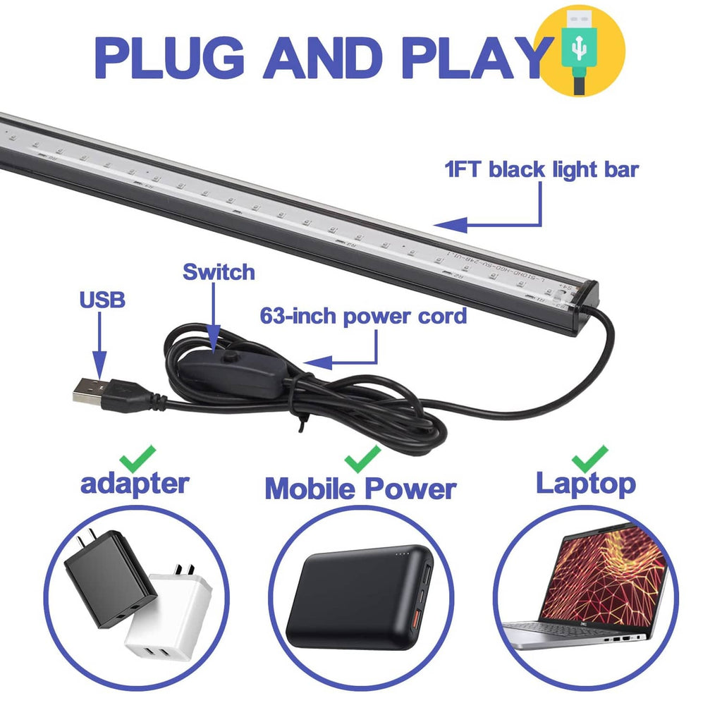 Plug-and-play UV black light bar with USB switch and 63-inch power cord